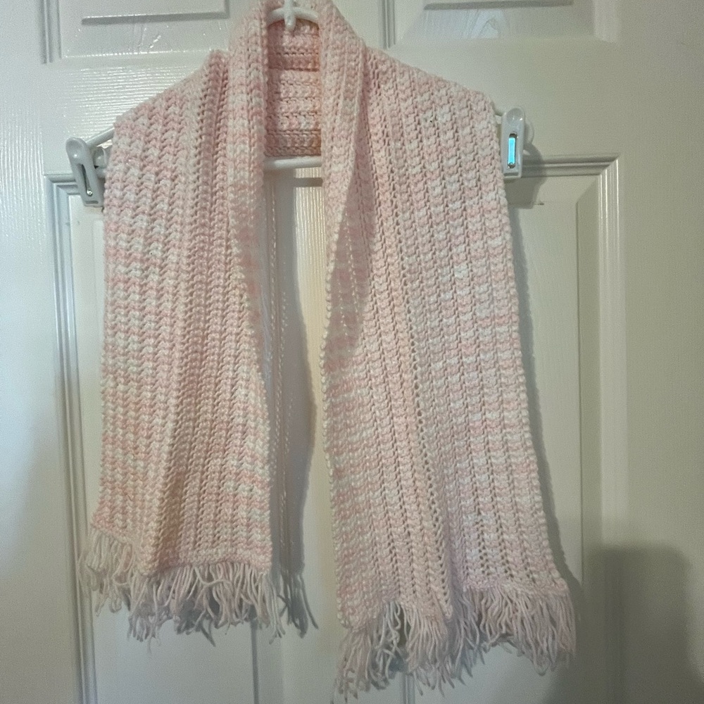 Pink and White Knit Scarf with Fringe